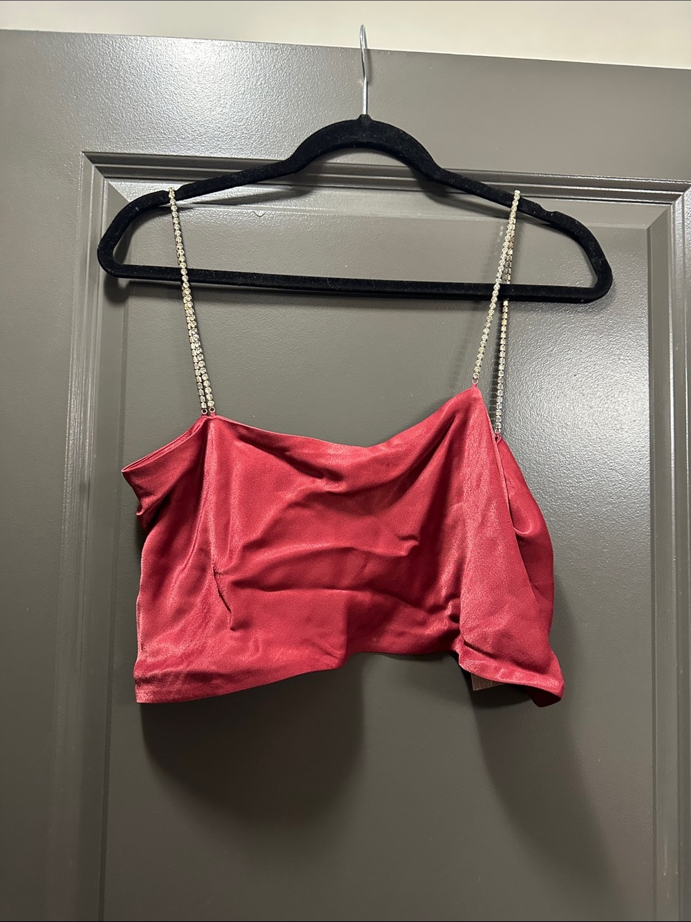 Meshki Satin Ruby Crop Cami with Rhinestone Straps